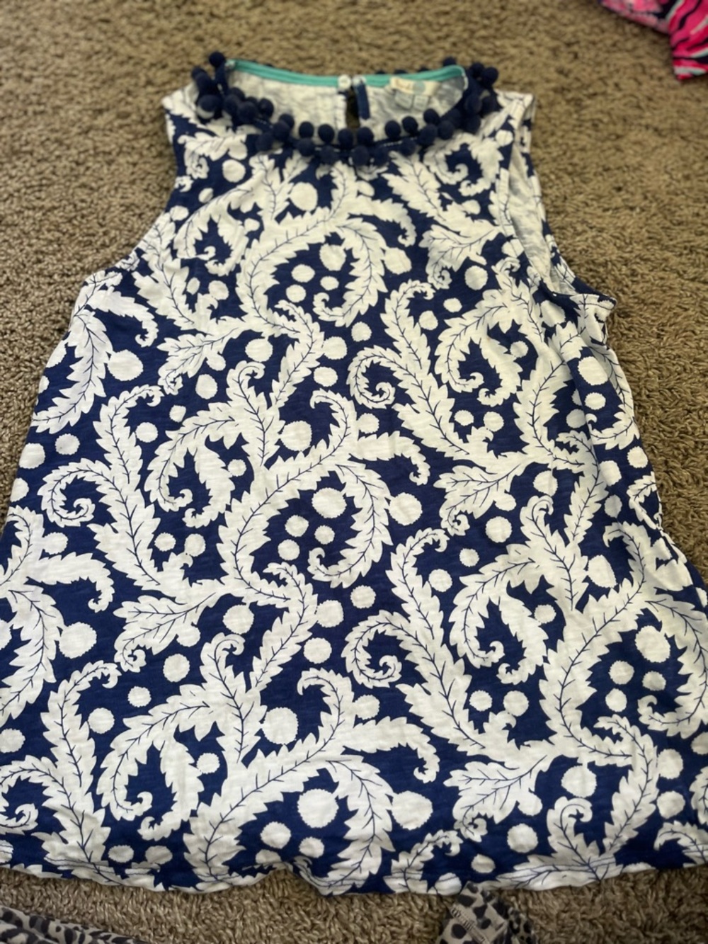 Women’s Navy and White Pom-Trim Sleeveless Tops